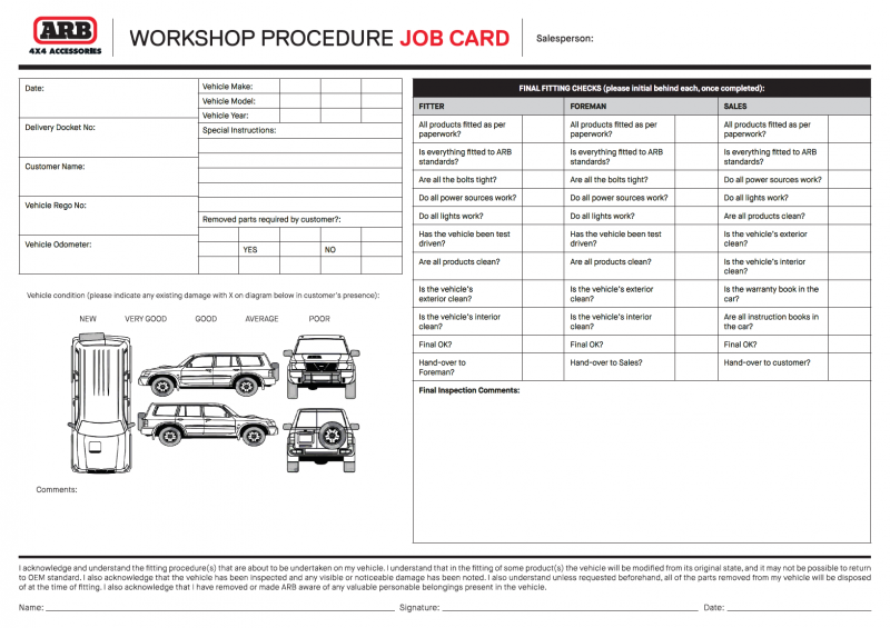 Workshop Procedure Job Card